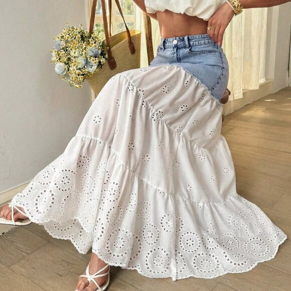 Dresses & Skirts - Multicolor Boho Women's Casual Hollow-Out Embroidery Patchwork Denim Mini Skirt